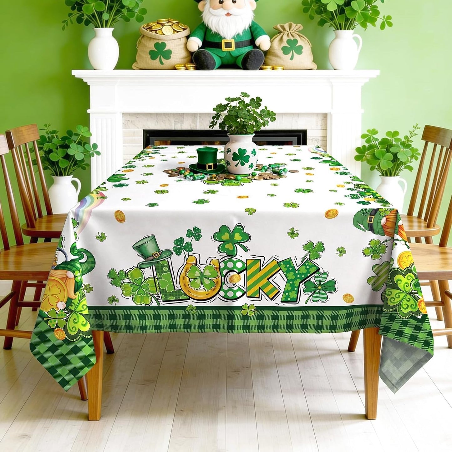St Patricks Tablecloth Shamrock Clover Polyester Rectangular 60x84 Party Decor