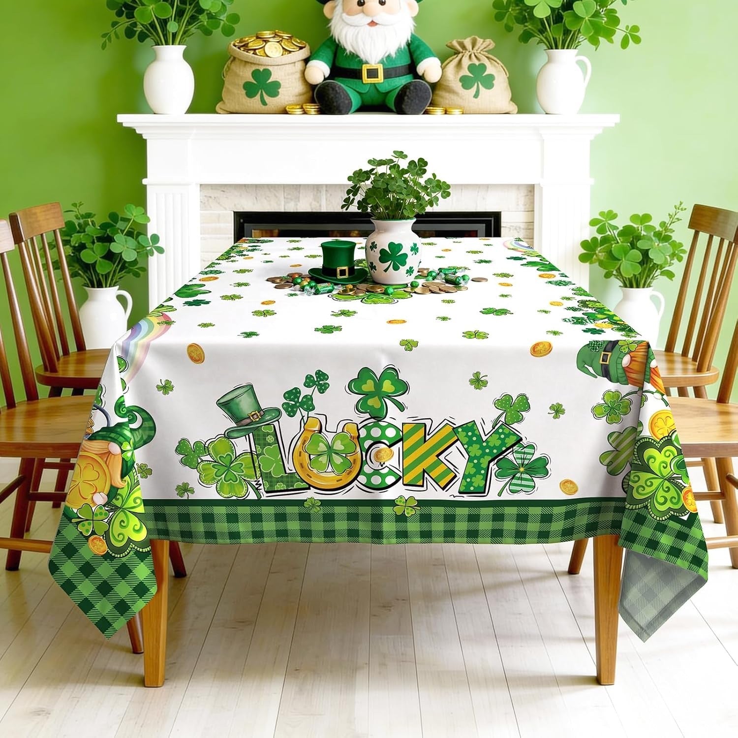 St Patricks Tablecloth Shamrock Clover Polyester Rectangular 60x84 Party Decor