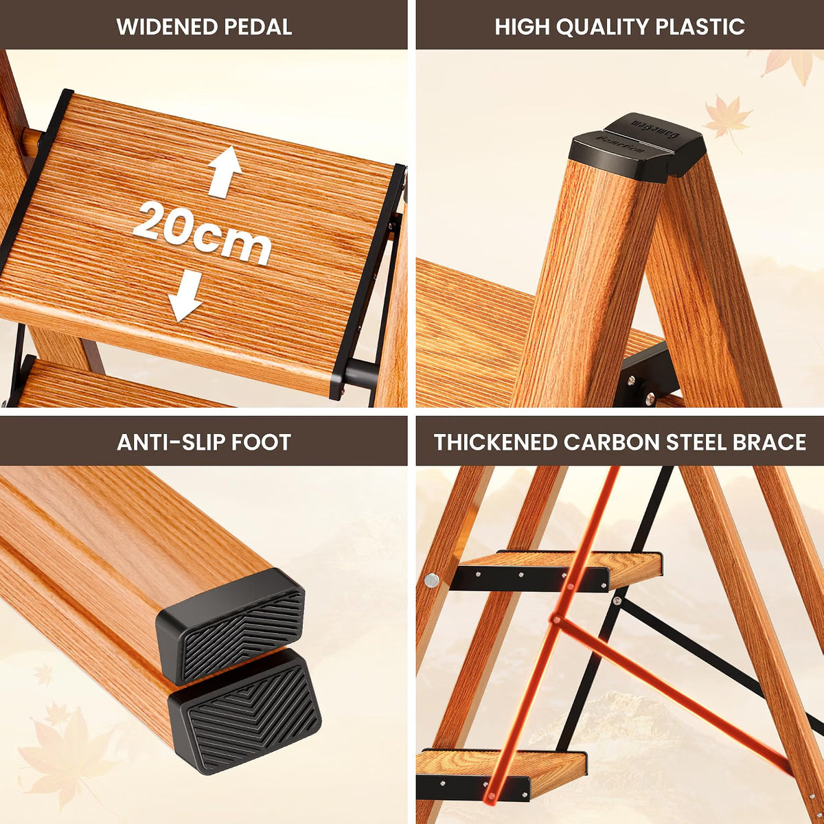 4 Step Ladder Folding Stool Carbon Steel Anti-Slip Wide Pedals 150kg Woodgrain