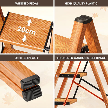 4 Step Ladder Folding Stool Carbon Steel Anti-Slip Wide Pedals 150kg Woodgrain