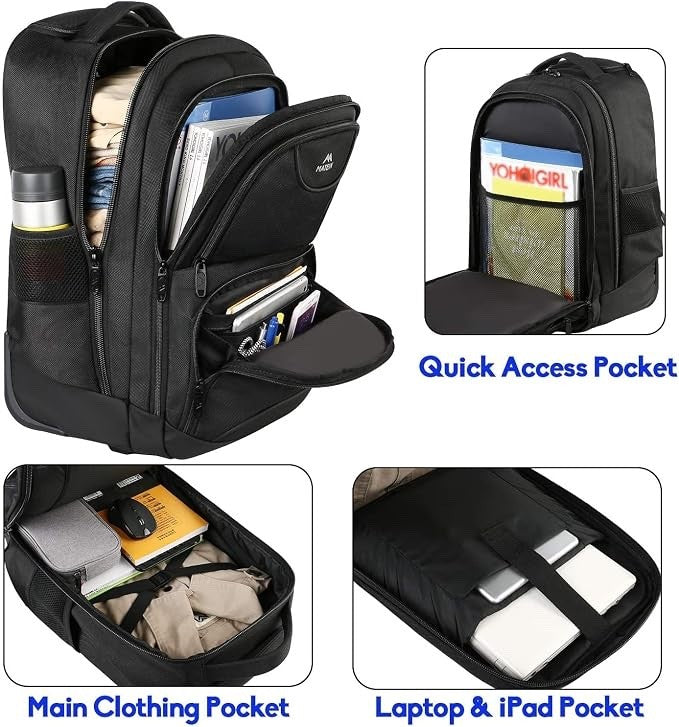 Rolling Laptop Backpack Trolley Wheeled Travel Bag 18 Inch 45L Cabin Black