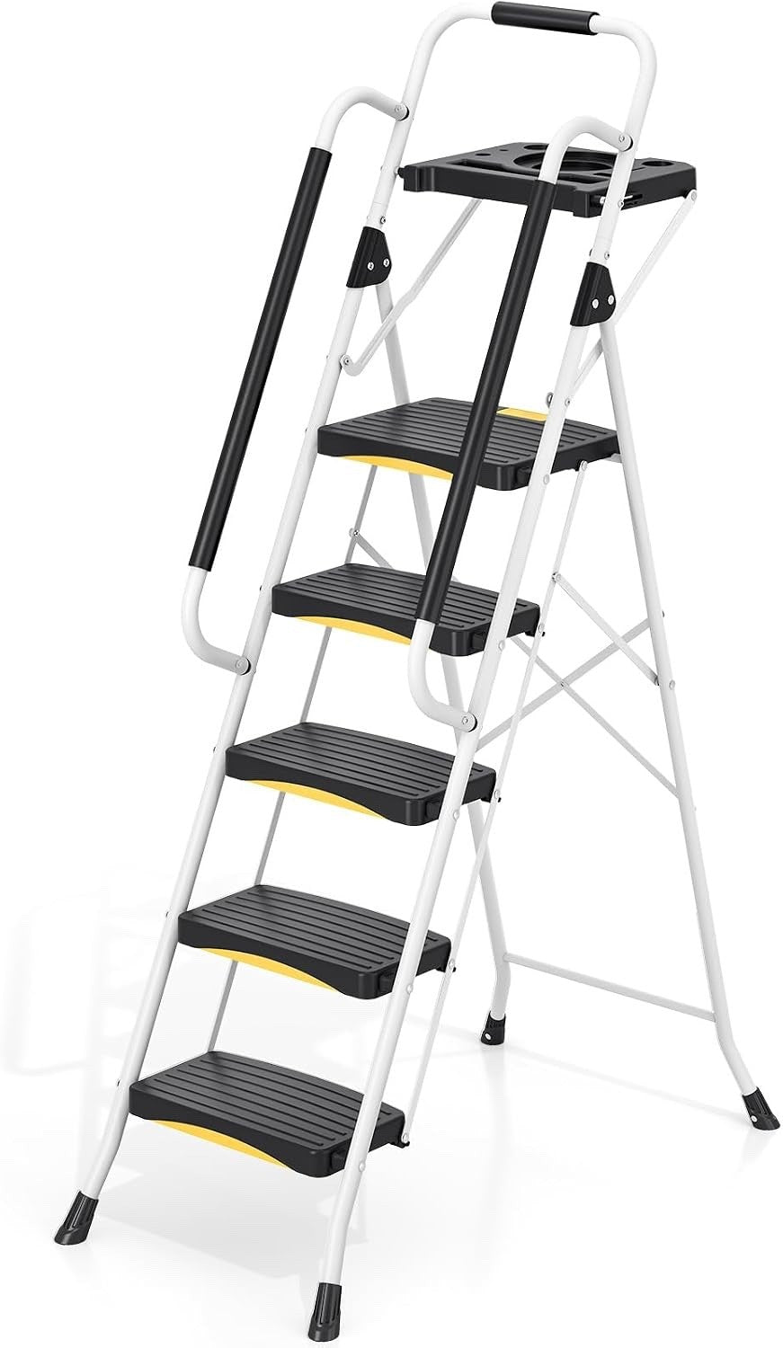 Folding Step Ladder 5 Step Heavy Duty 150kg Steel with Tool Tray Handrail Lock