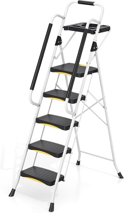 Folding Step Ladder 5 Step Heavy Duty 150kg Steel with Tool Tray Handrail Lock