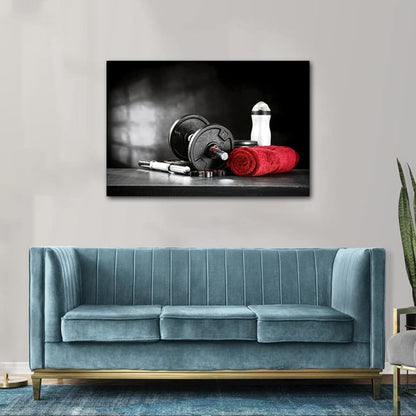 Gym Wall Art Canvas Dumbbells Fitness Print Framed 36x24in Black Workout Decor