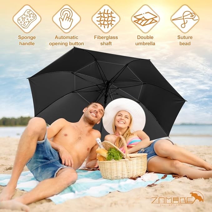 Golf Umbrella Windproof UV 62in XXL Silver Black Double Canopy Auto Open Sun