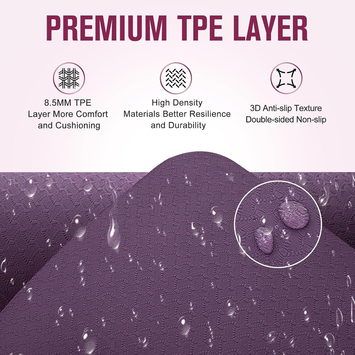 Yoga Mat Exercise Fitness Pilates 10mm Extra Thick Non Slip Rubber TPE Purple