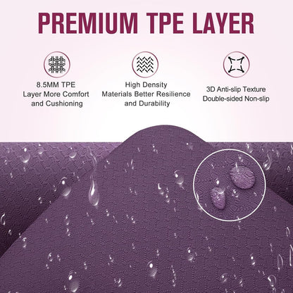 Yoga Mat Exercise Fitness Pilates 10mm Extra Thick Non Slip Rubber TPE Purple