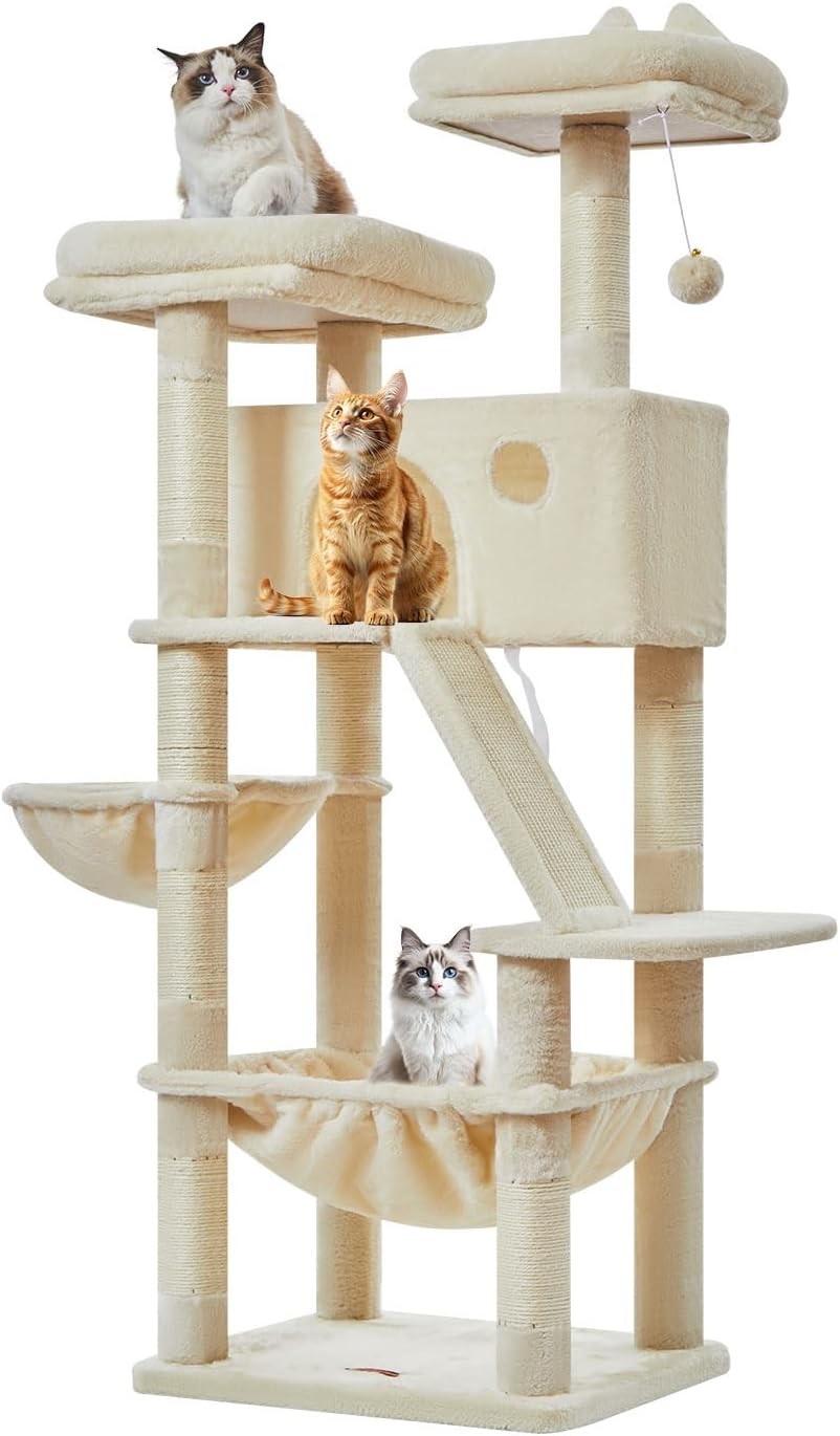 Cat Tree Scratching Tower 146cm Large Indoor Condo Hammock 8 Sisal Posts Beige
