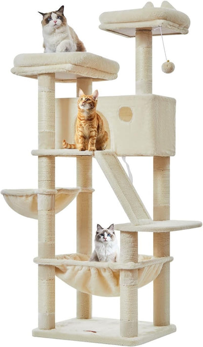 Cat Tree Scratching Tower 146cm Large Indoor Condo Hammock 8 Sisal Posts Beige
