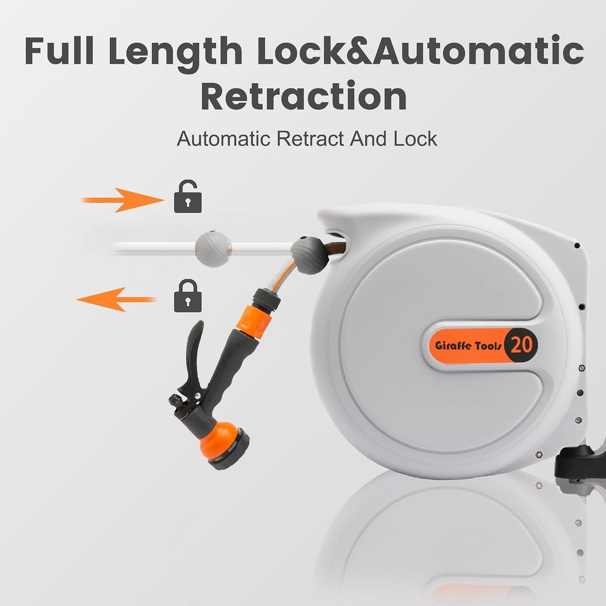 Retractable Garden Hose Reel 20m Wall Mounted Automatic Rewind 180° Swivel Spray