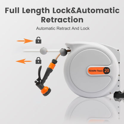 Retractable Garden Hose Reel 20m Wall Mounted Automatic Rewind 180° Swivel Spray