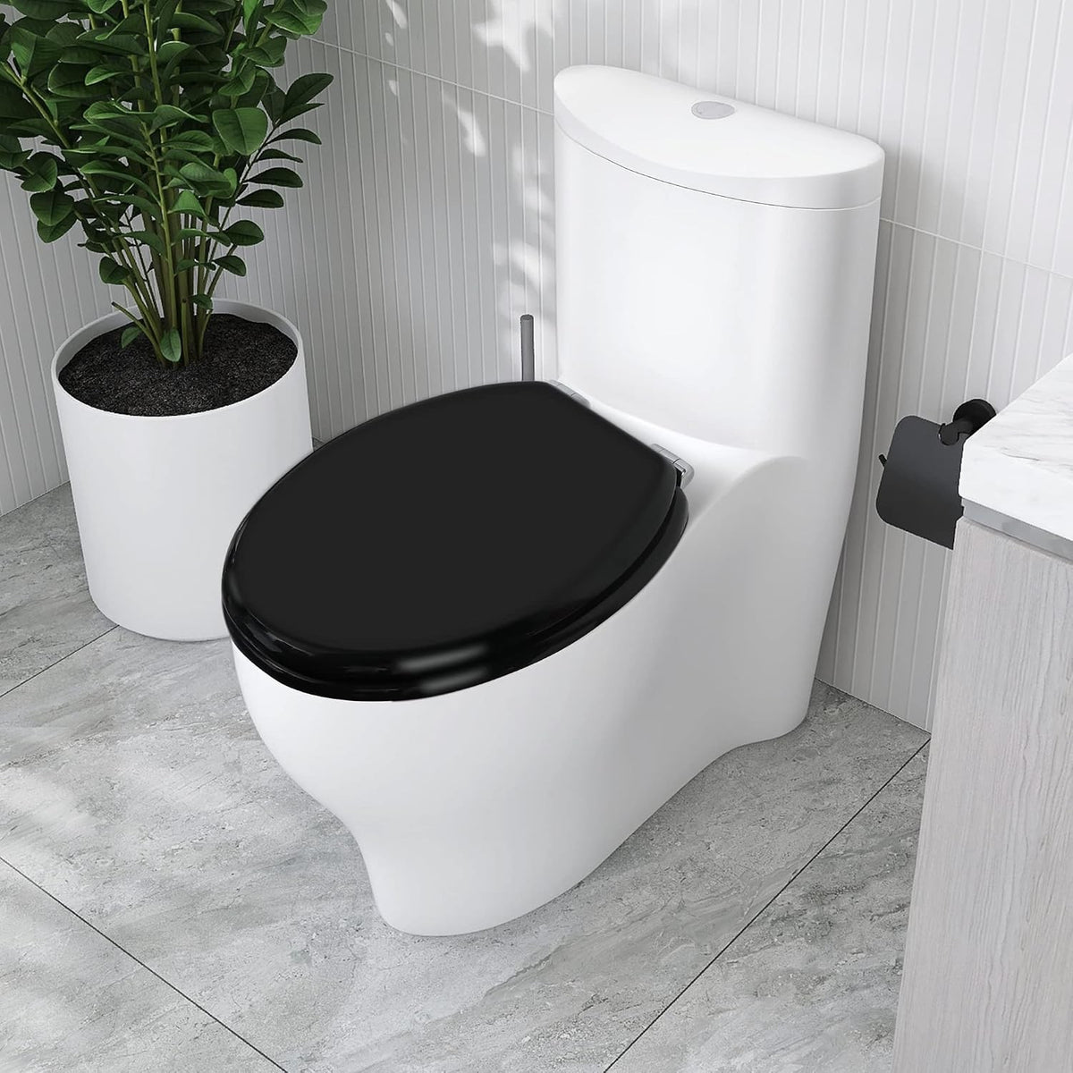 Toilet Seat Soft Close Black Wooden Oval Adjustable Hinges Quick Release 45x37cm