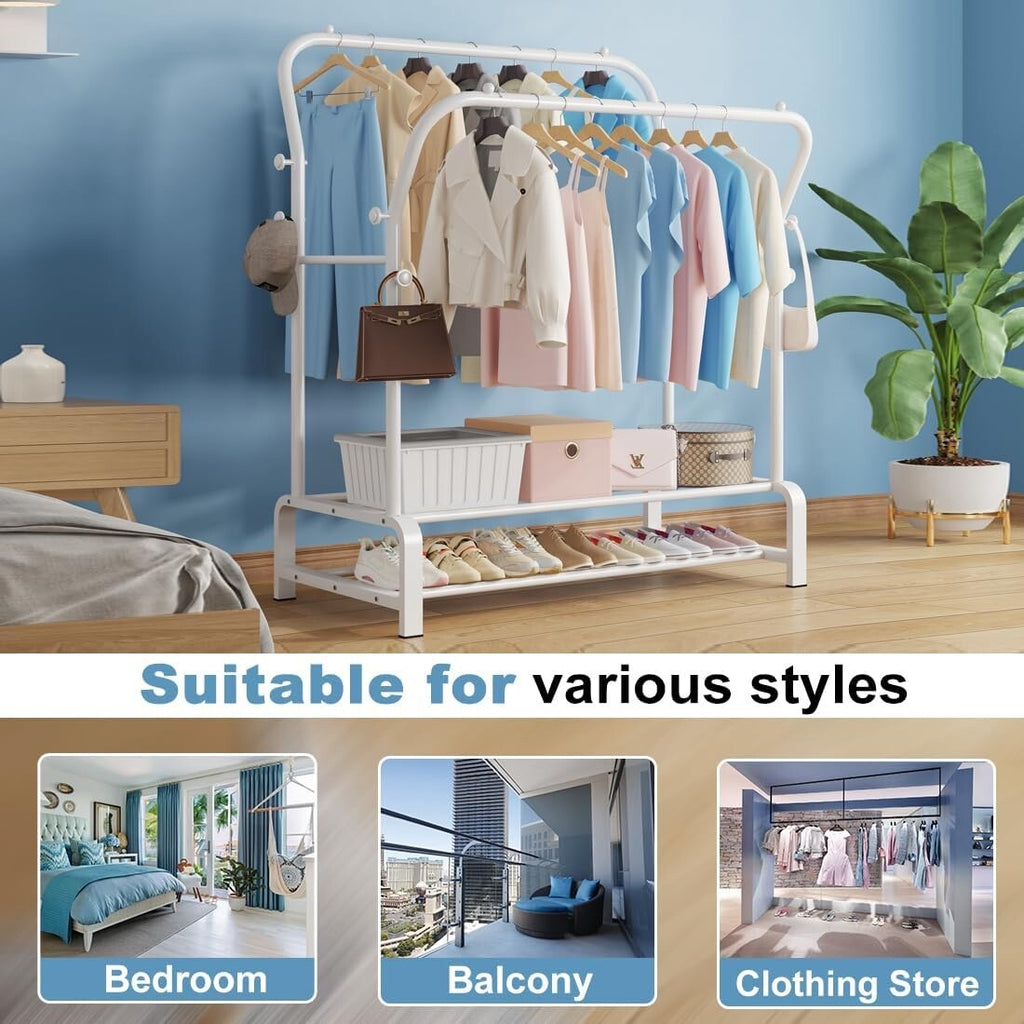 SMILOVII Heavy Duty Clothes Rail with Metal Double Coat Stand Rack White