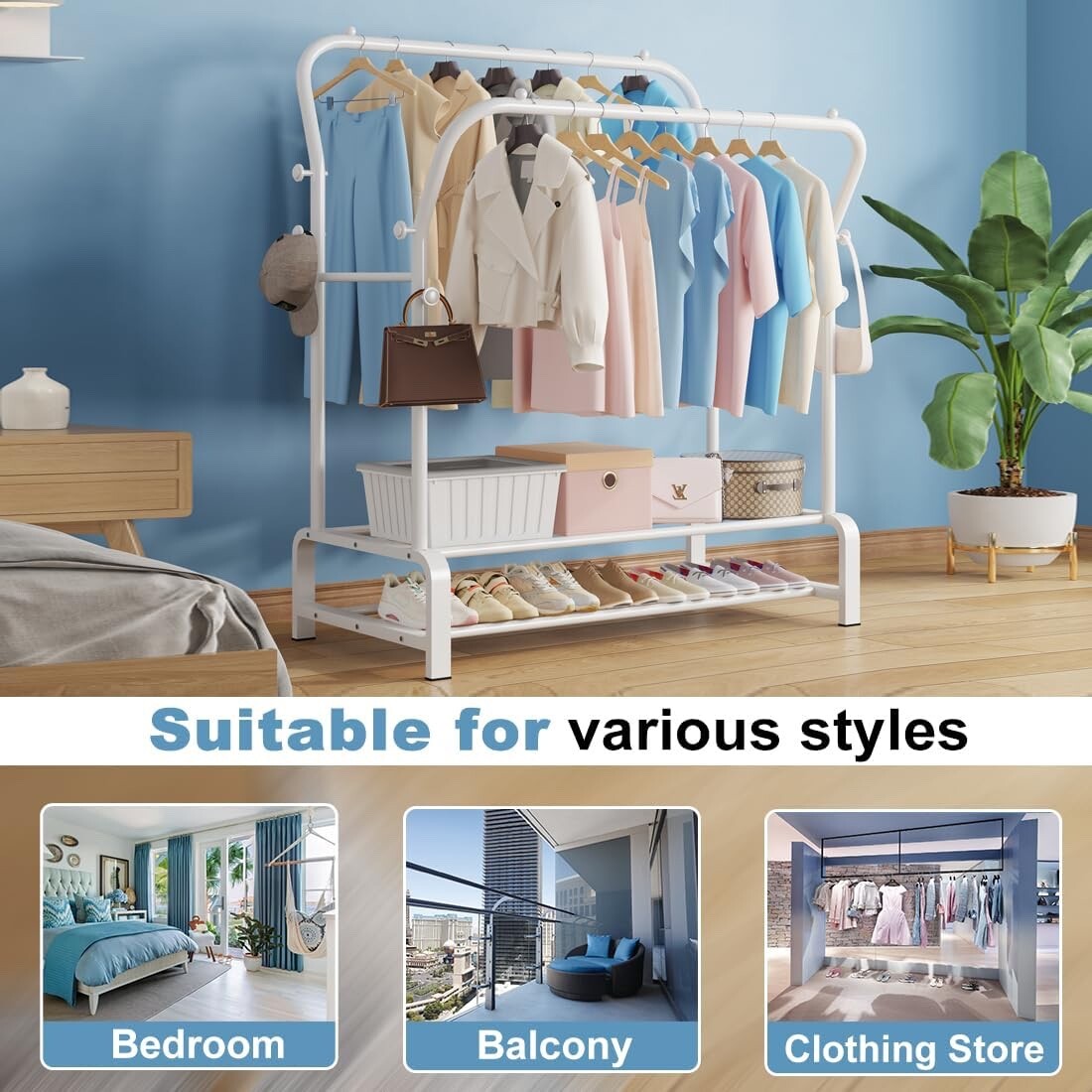 SMILOVII Heavy Duty Clothes Rail with Metal Double Coat Stand Rack White