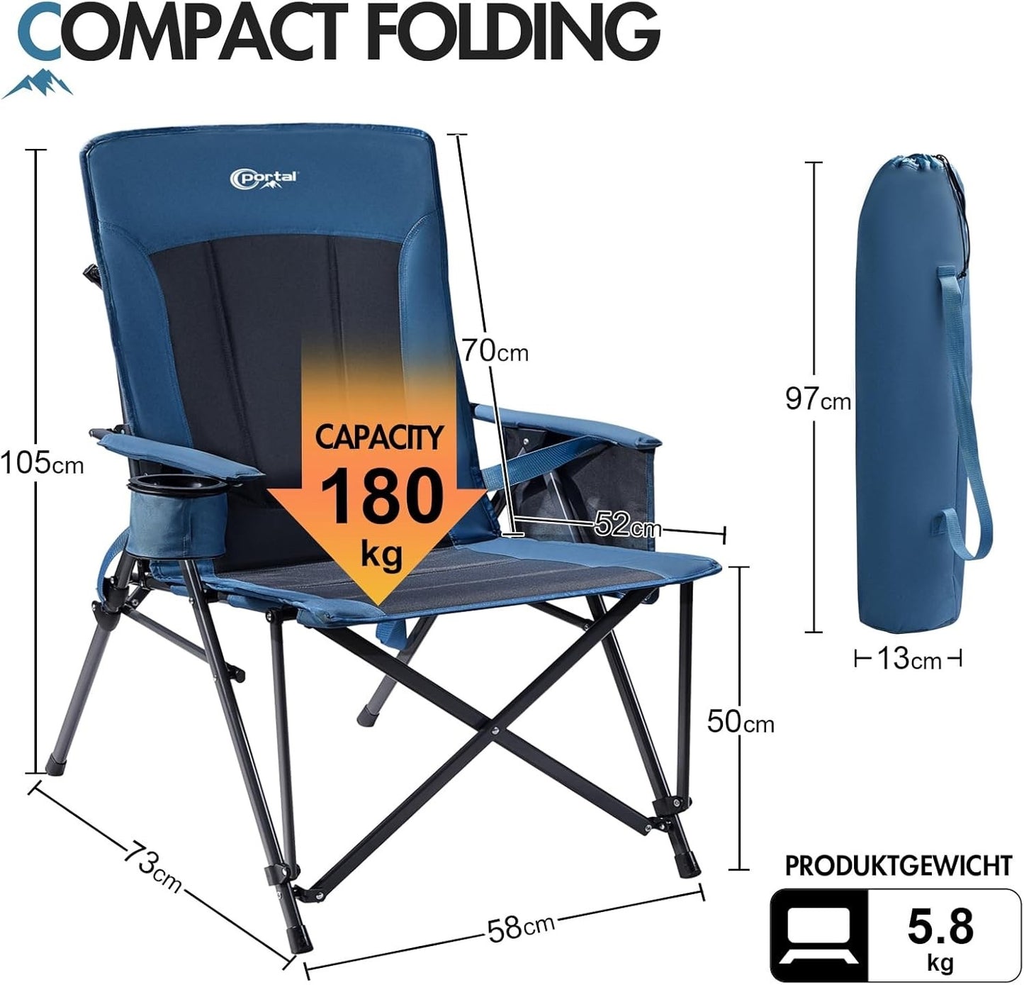 Camping Chair Folding Lumbar Support Heavy Duty 180KG High Back Garden