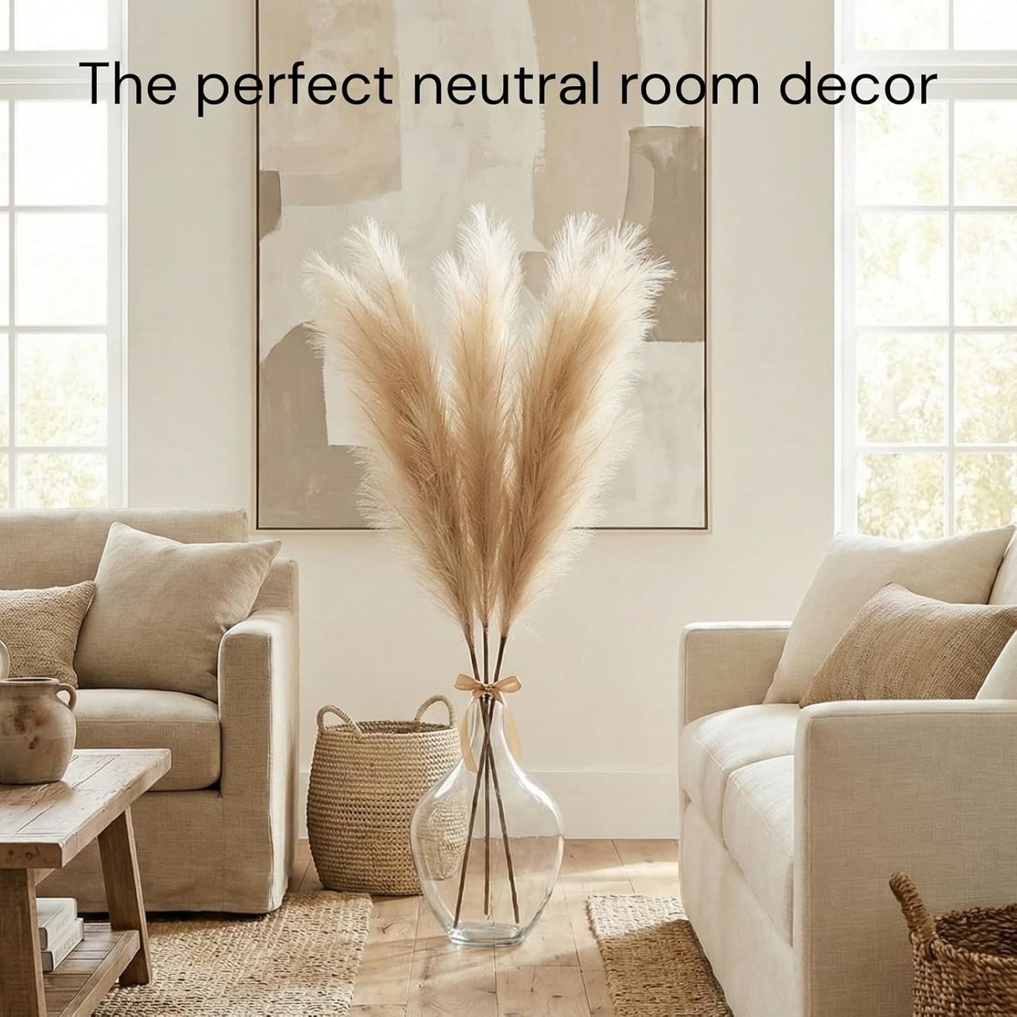 Artificial Pampas Grass 3 Stems 116cm White Large Faux Flowers Tall Vase Decor