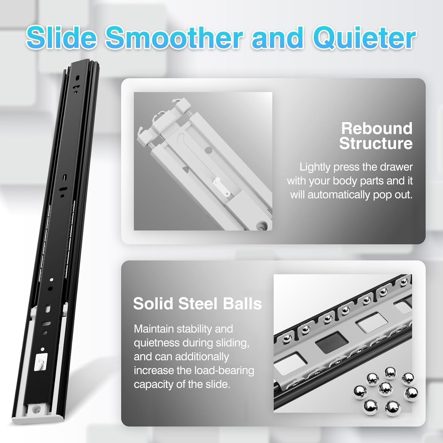 550mm Push to Open Drawer Runners Full Extension Ball Bearing 45kg