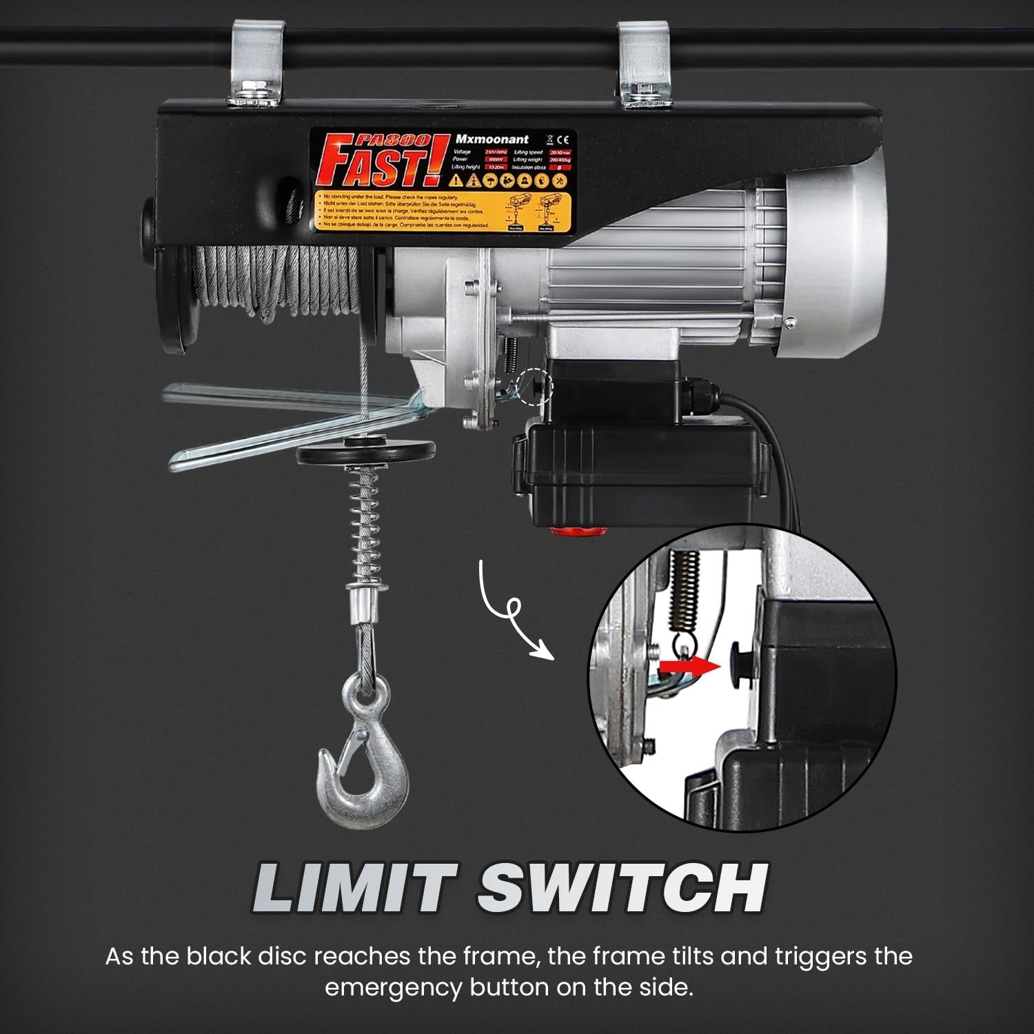 Electric Hoist Winch 140kg 280kg Cable Lift 1600W Wireless Wired Remote Crane