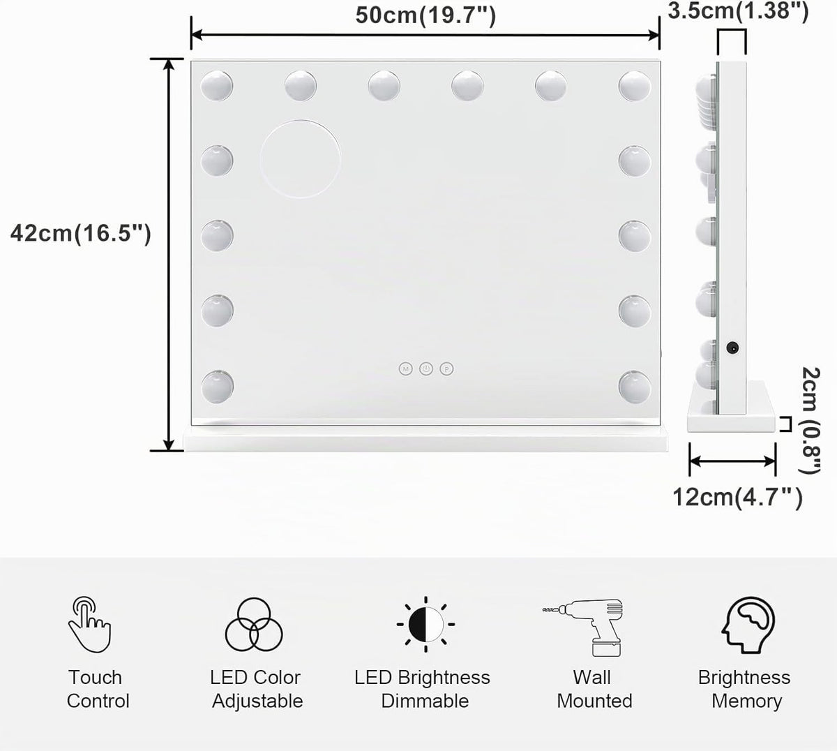 Makeup Mirror LED Hollywood 42x50cm 14 Lights 3 Colour Dimmable 10x Zoom USB