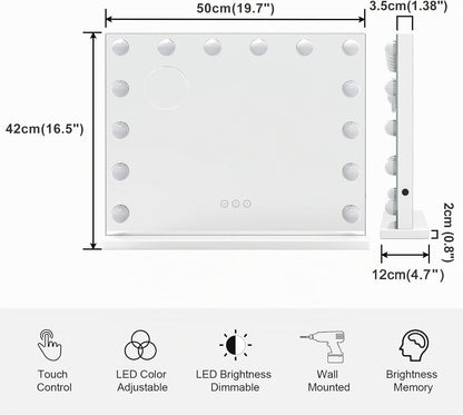 Makeup Mirror LED Hollywood 42x50cm 14 Lights 3 Colour Dimmable 10x Zoom USB