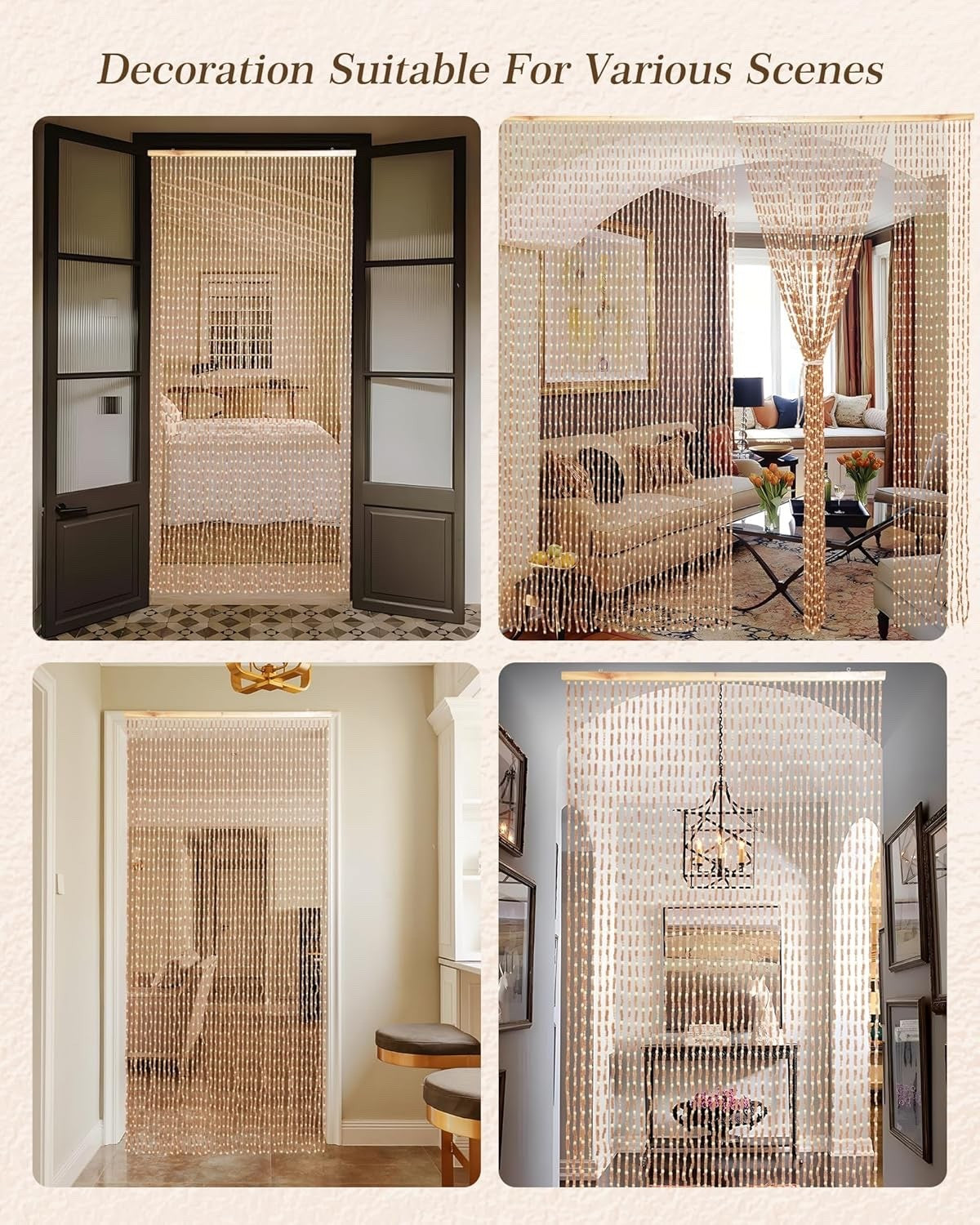 Bamboo Beaded Door Curtain 90x200cm 52 Strands Beige Wooden Fly Screen Doorway
