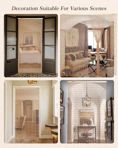 Bamboo Beaded Door Curtain 90x200cm 52 Strands Beige Wooden Fly Screen Doorway