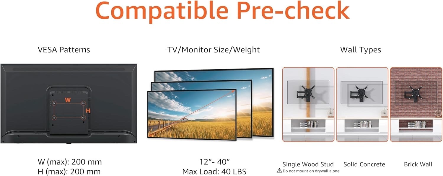 Amazon Basics Full-Motion TV Wall Mount For 12-Inch to 40-Inch Black