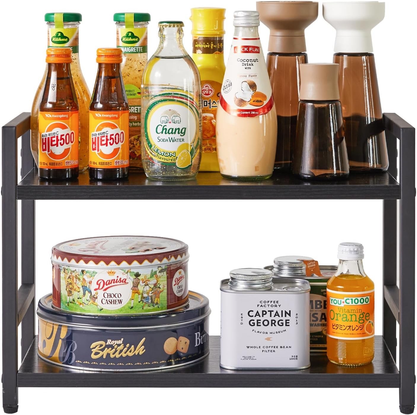 Spice Rack Organizer Countertop 2 Tier Kitchen Storage Shelf Black Industrial
