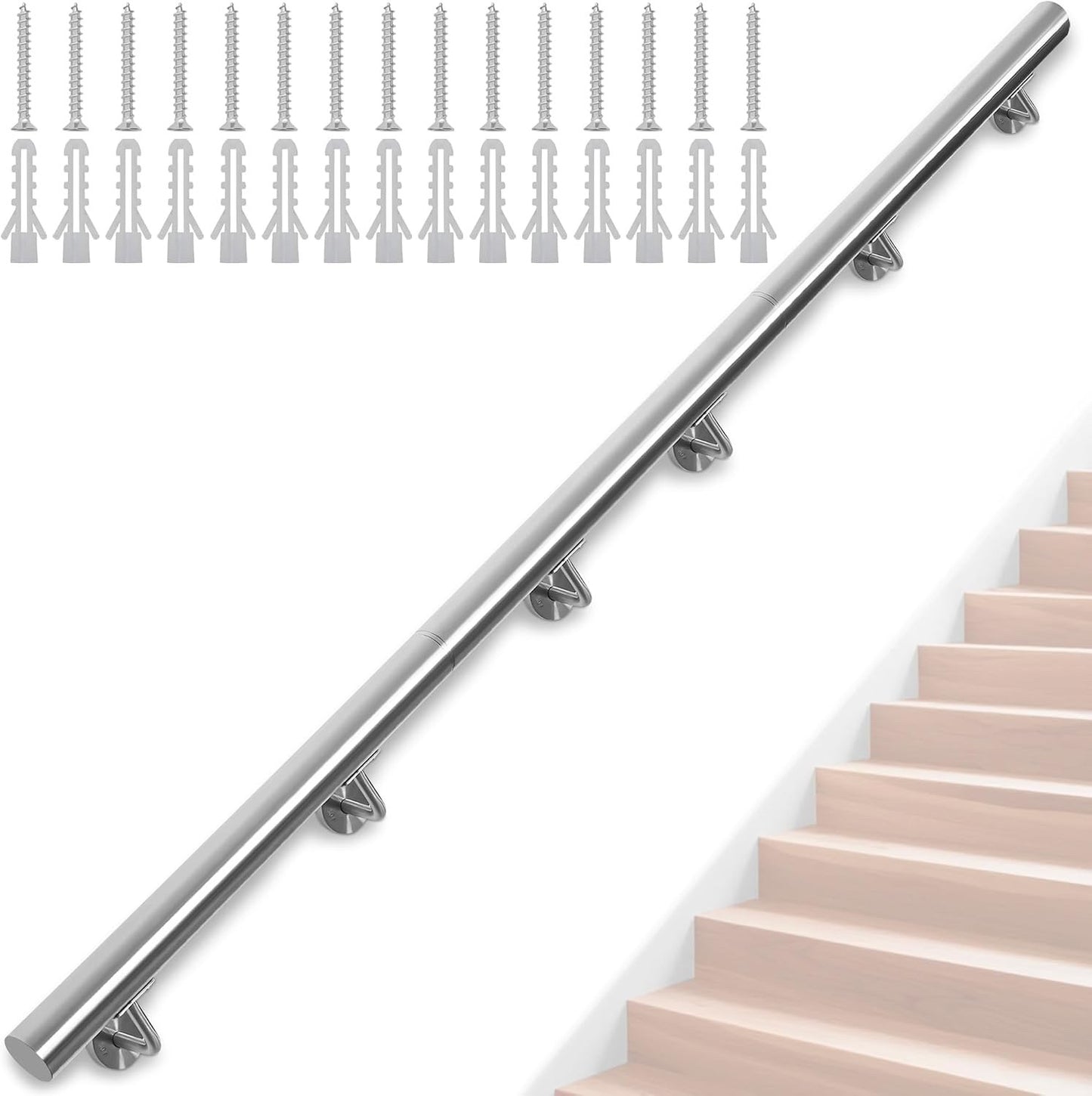 Stainless Steel Handrail 350cm Stair Banister Rail Wall Mount 6 Brackets Silver