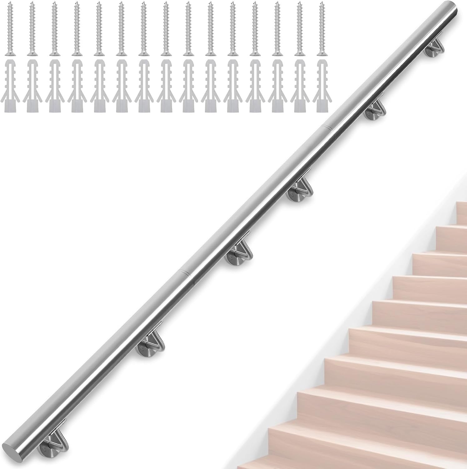 Stainless Steel Handrail 350cm Stair Banister Rail Wall Mount 6 Brackets Silver