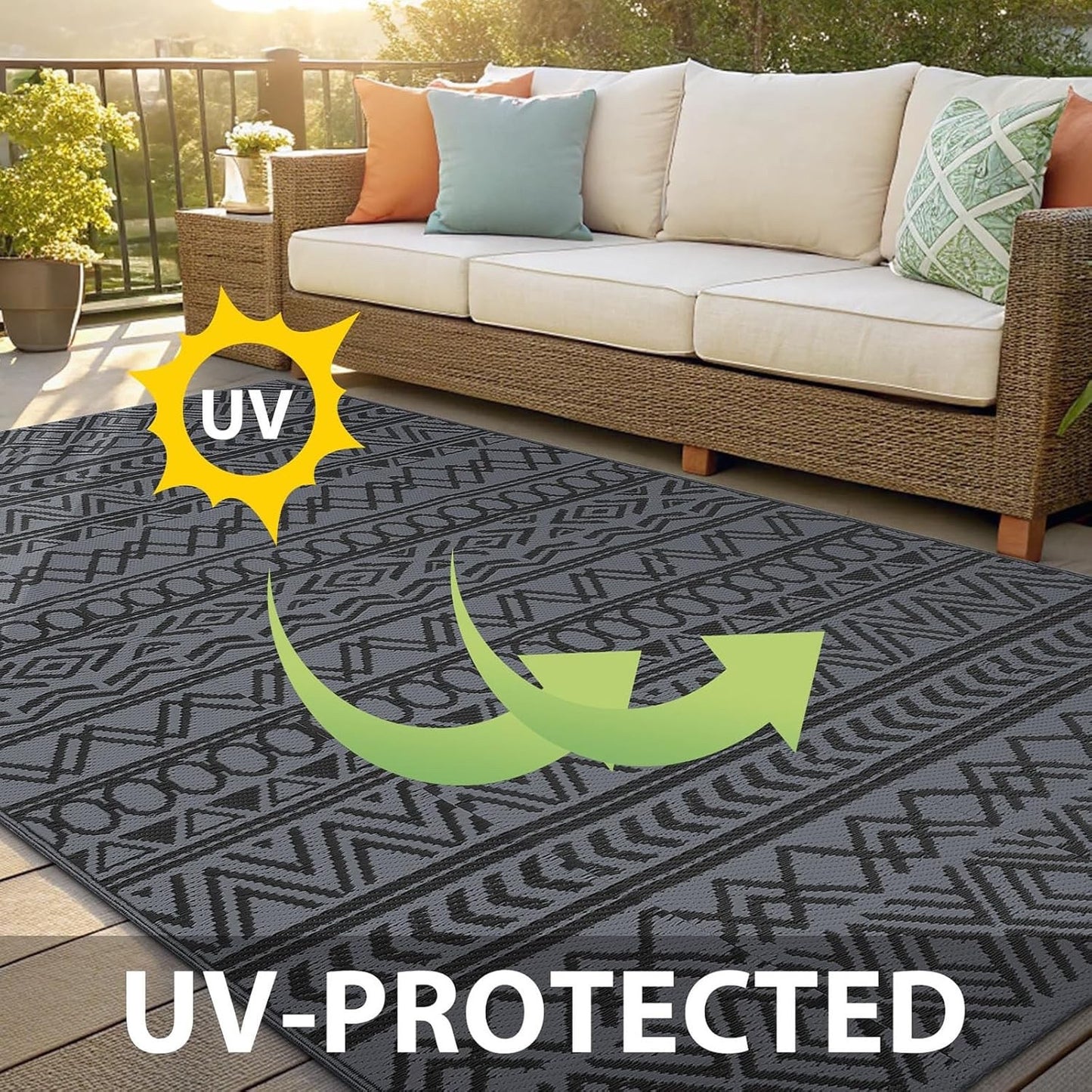 Outdoor Patio Garden Rug 270x360cm Waterproof Reversible Black Grey Camping Mat