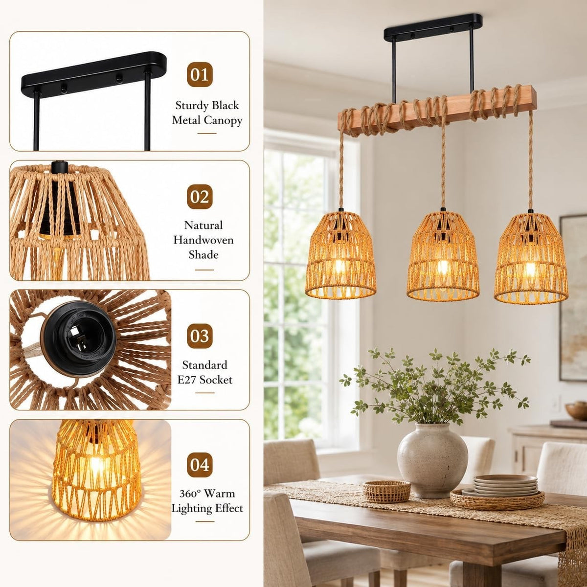 Rattan Pendant Light Chandelier Boho Brown E27 Adjustable 140cm Kitchen Lamp