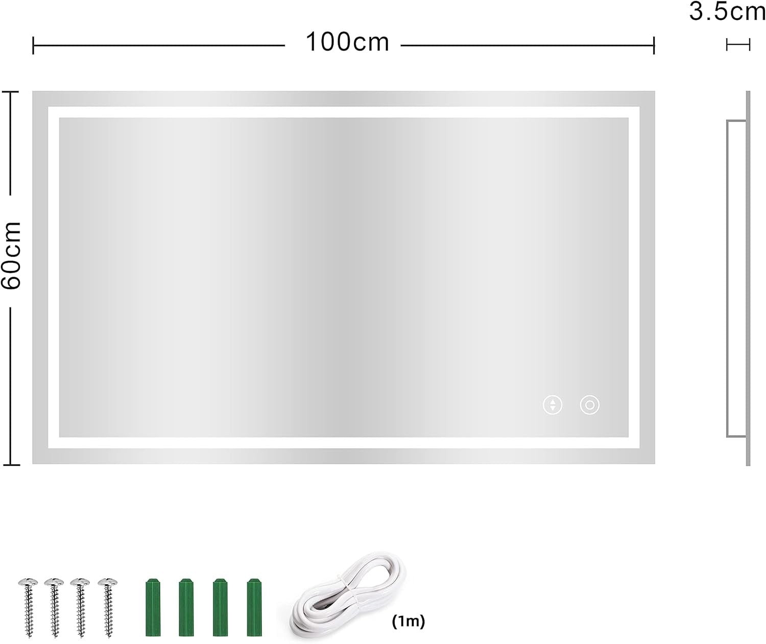 LED Bathroom Mirror 100x60cm Wall Mounted Backlit Anti Fog 3 Color Dimmer