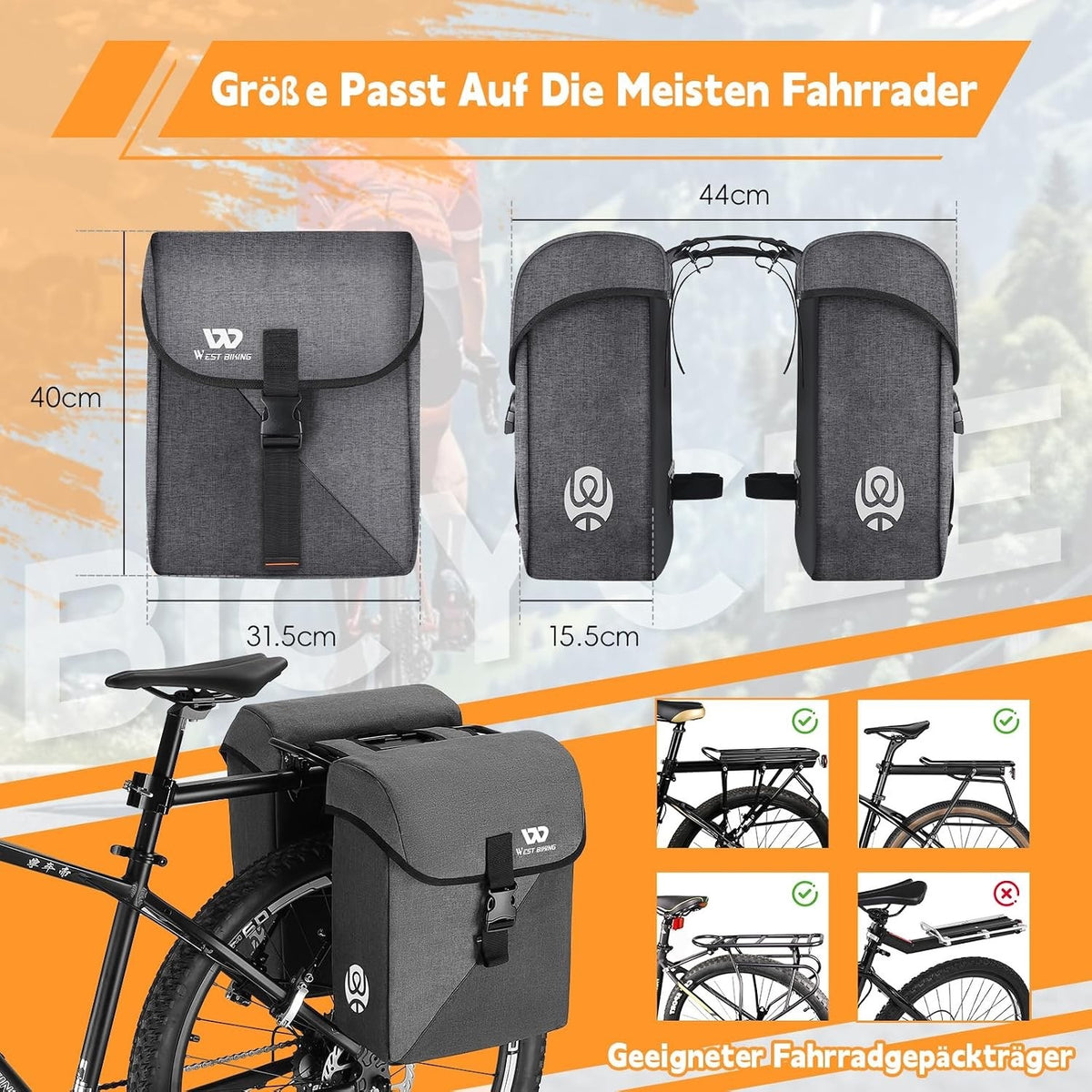 Bicycle Pannier Bags Rear Rack 35L Double Saddlebag Waterproof Black Reflective
