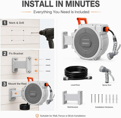 Garden Hose Reel Wall Mounted 40+2m Retractable Auto Rewind 180 Swivel 9 Spray