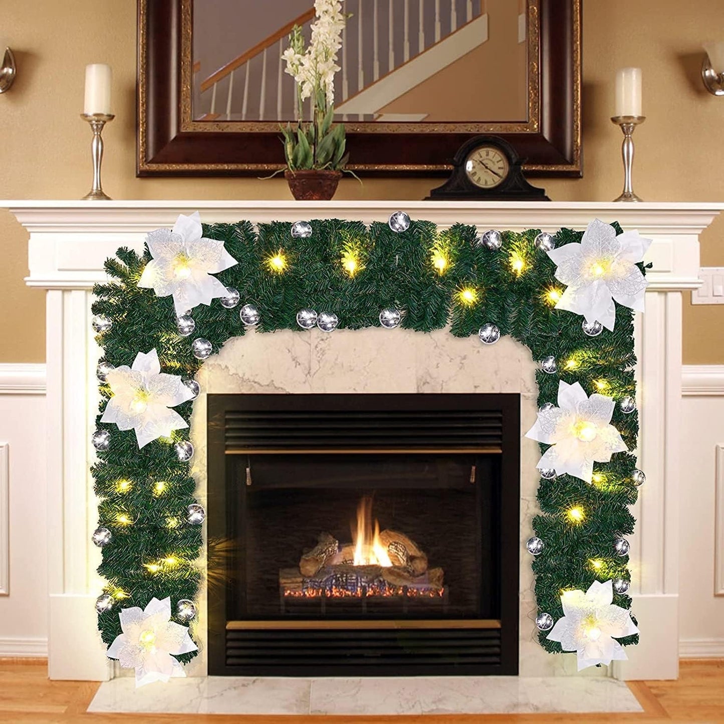 2.7m Christmas Garland LED Lights Silver Rattan Wreath Door Stair Decor