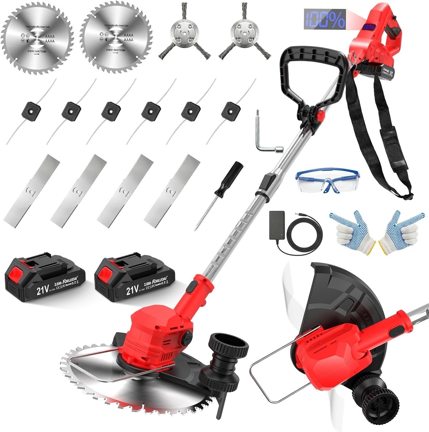 Cordless Strimmer Grass Trimmer 21V 2 Batteries 14 Blades LCD Telescopic Garden