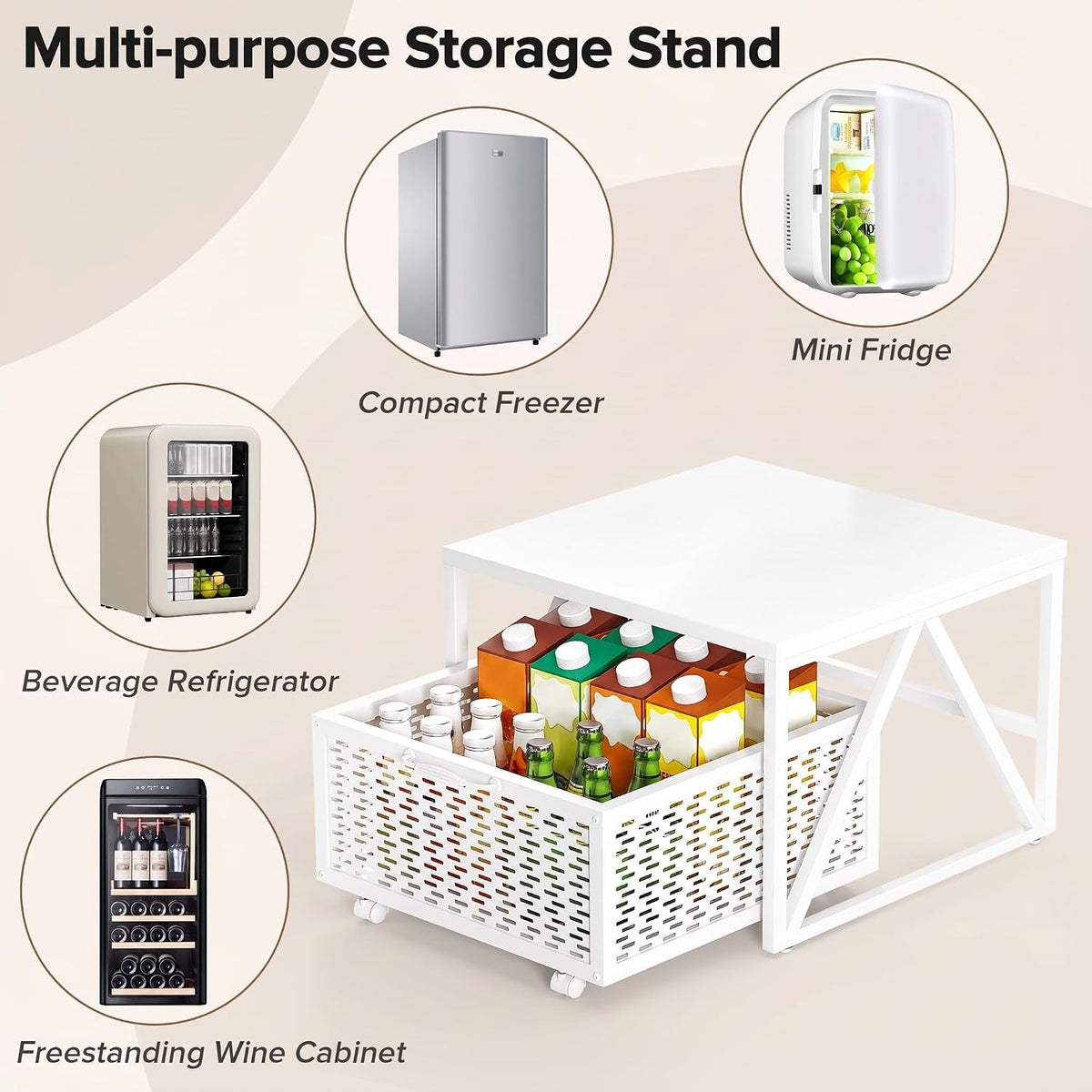 Mini Fridge Stand Storage Cart 220LB Mobile Wheels Drawer Basket White 53x53cm