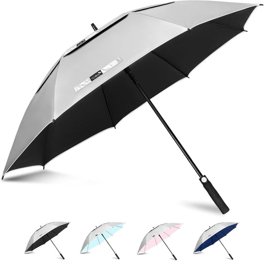 x50in UV Golf Umbrella UPF50+ Windproof Rainproof Reflective Sun Silver Black