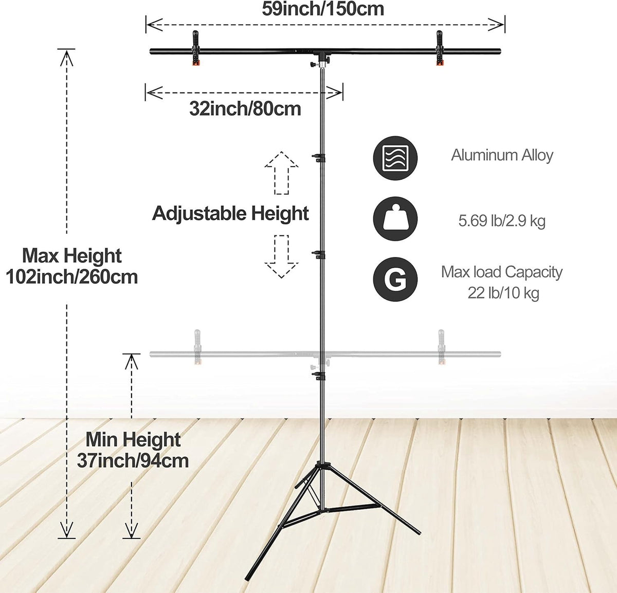 Photography Backdrop Stand Kit White 5x7ft Screen Adjustable T Shape Studio