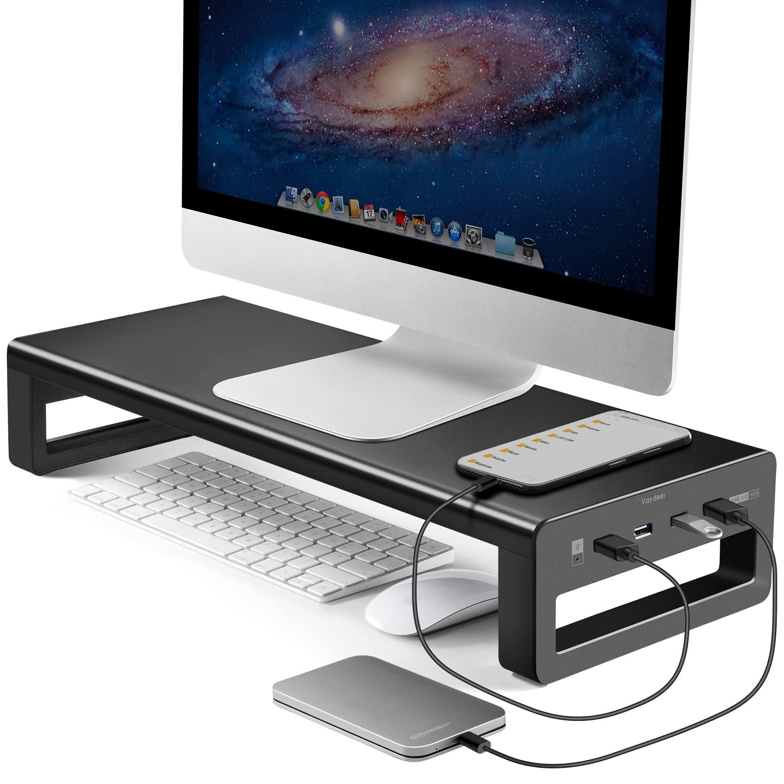 VAYDEER Monitor Stand with 4 USB 3.0 Ports Metal Computer Stand Riser Black