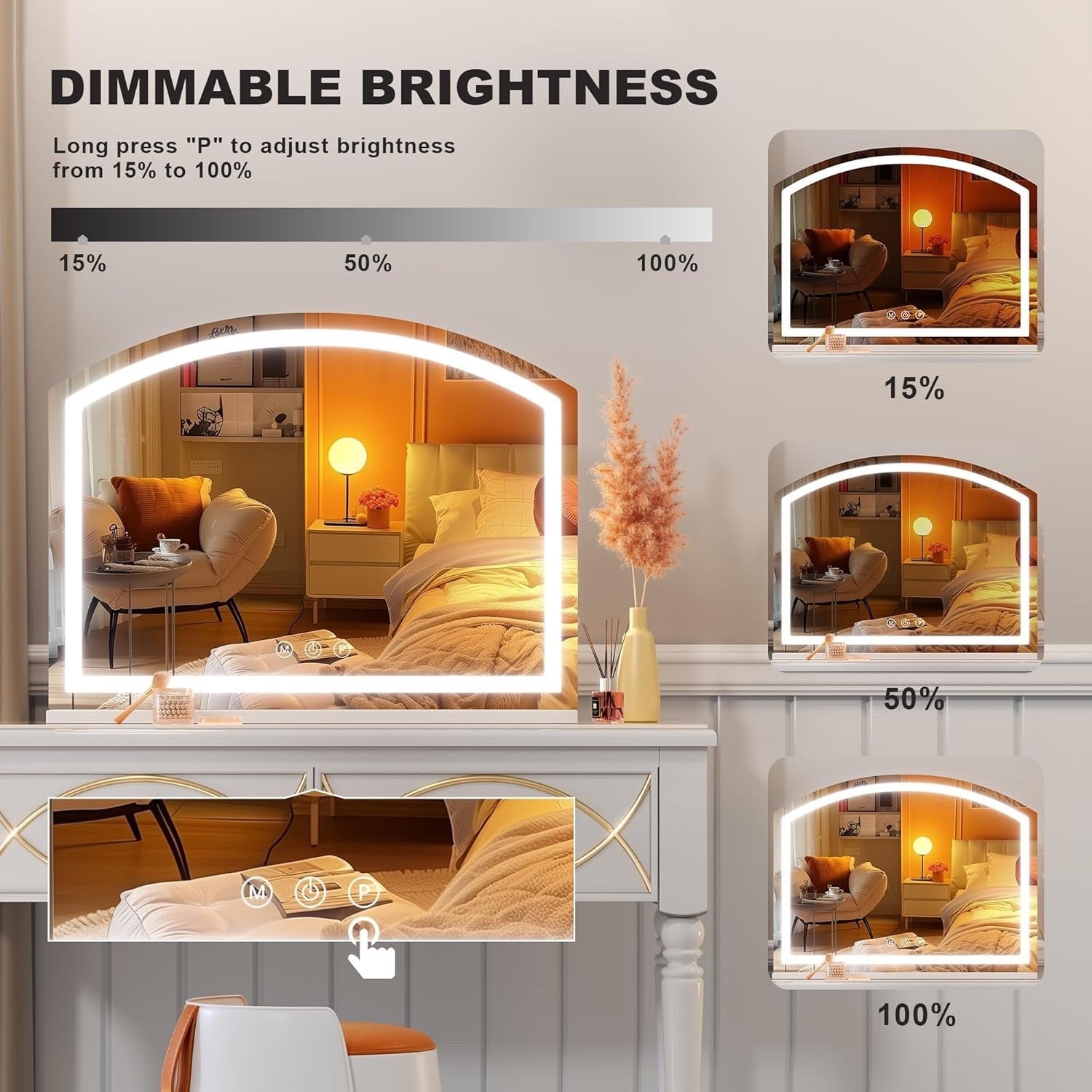 80x60cm Arch LED Vanity Mirror 10X Magnify 3 Color Dimmable USB Makeup