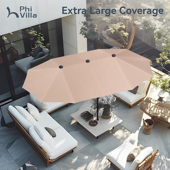 Large Garden Parasol 3.8m Double Patio Umbrella Beige Crank Outdoor Sun Shade