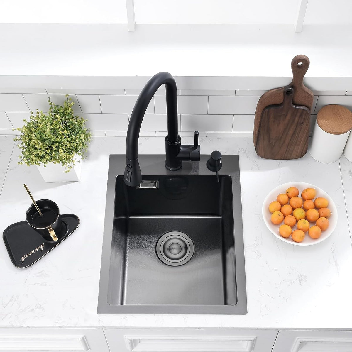 Kitchen Sink Stainless Steel Black Single Bowl 35x45cm Topmount Soap Dispenser