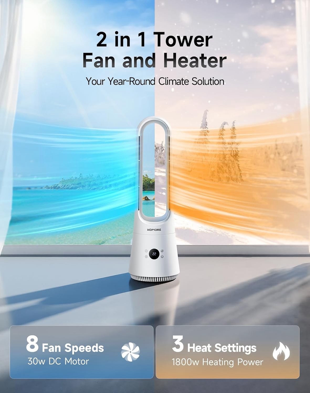 Bladeless Tower Fan Heater 2-in-1 8 Speed 90° Oscillating Remote App 9H Timer