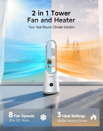 Bladeless Tower Fan Heater 2-in-1 8 Speed 90° Oscillating Remote App 9H Timer