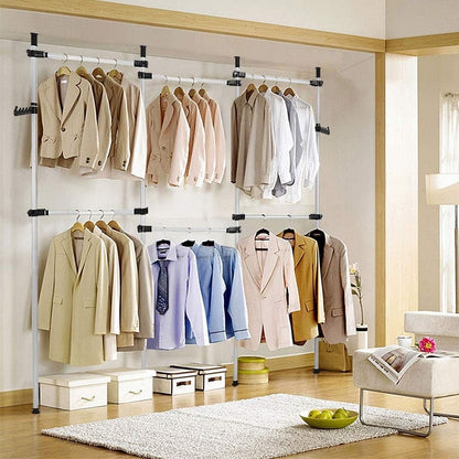 Clothes Rack Heavy Duty 4 Pole 6 Rail Adjustable Steel Garment Wardrobe 60kg