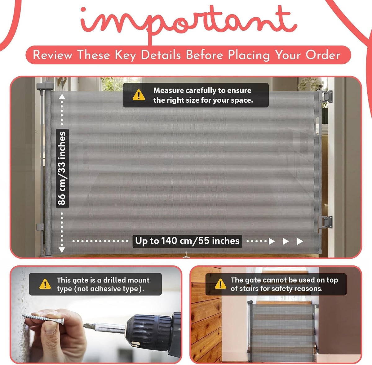 Retractable Baby Gate 140cm Grey Double Lock Stair Pet Dog Child Safety Barrier