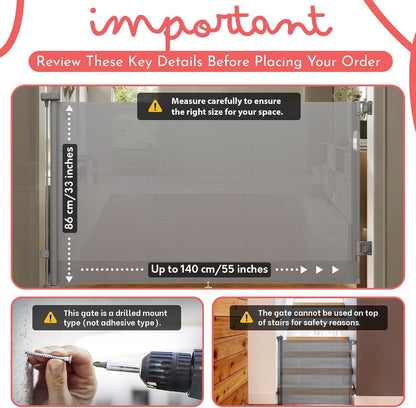 Retractable Baby Gate 140cm Grey Double Lock Stair Pet Dog Child Safety Barrier