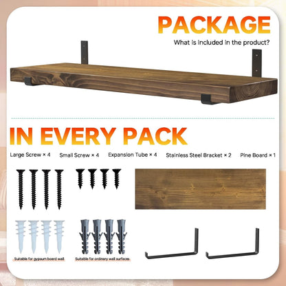 Rustic Wooden Floating Shelf Wall Mounted Dark Brown Pine 60cm Black L Brackets